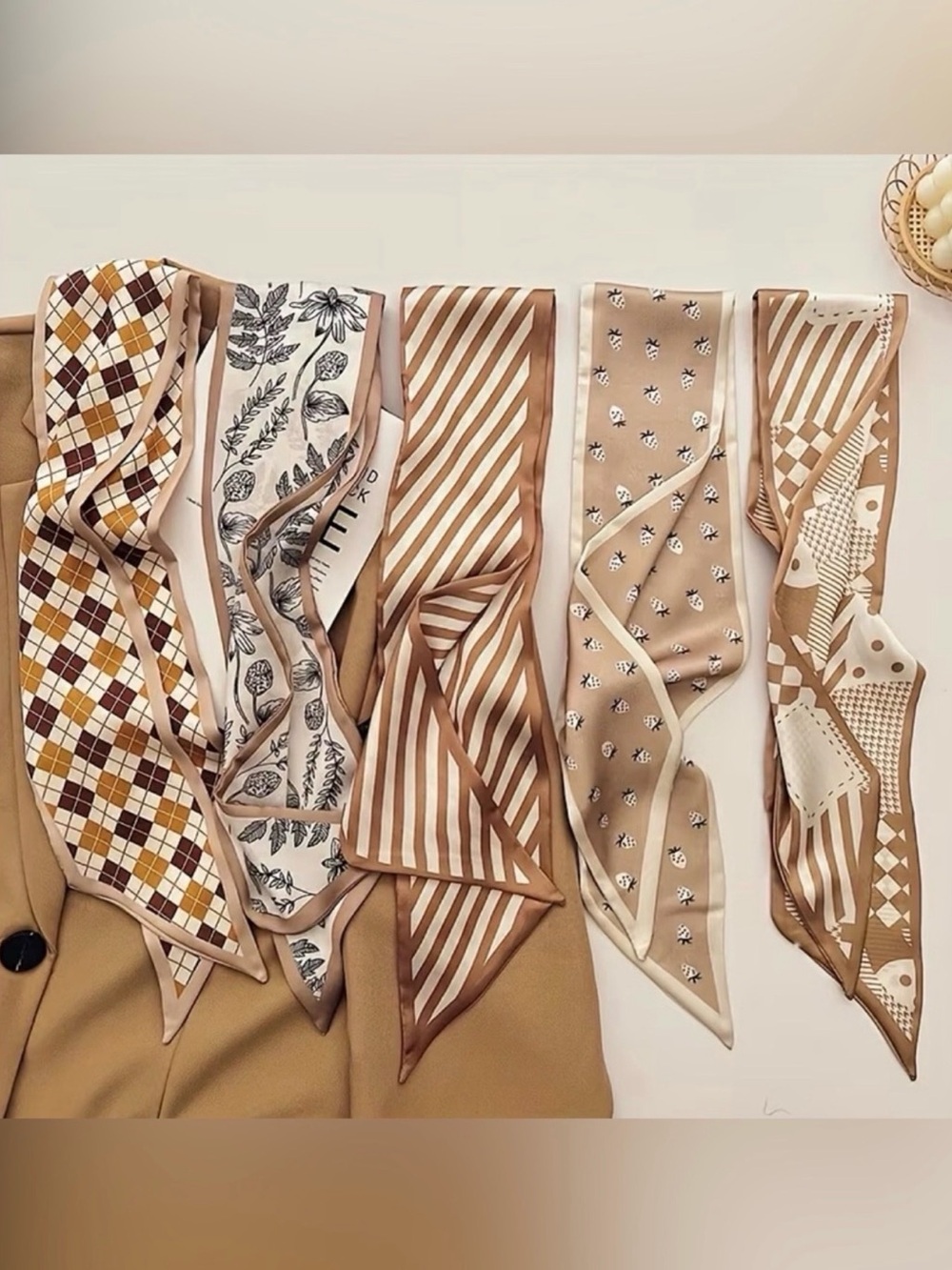 NWT French Style Neutral Beige Floral Stripes Patterned Twilly Scarf Accessories